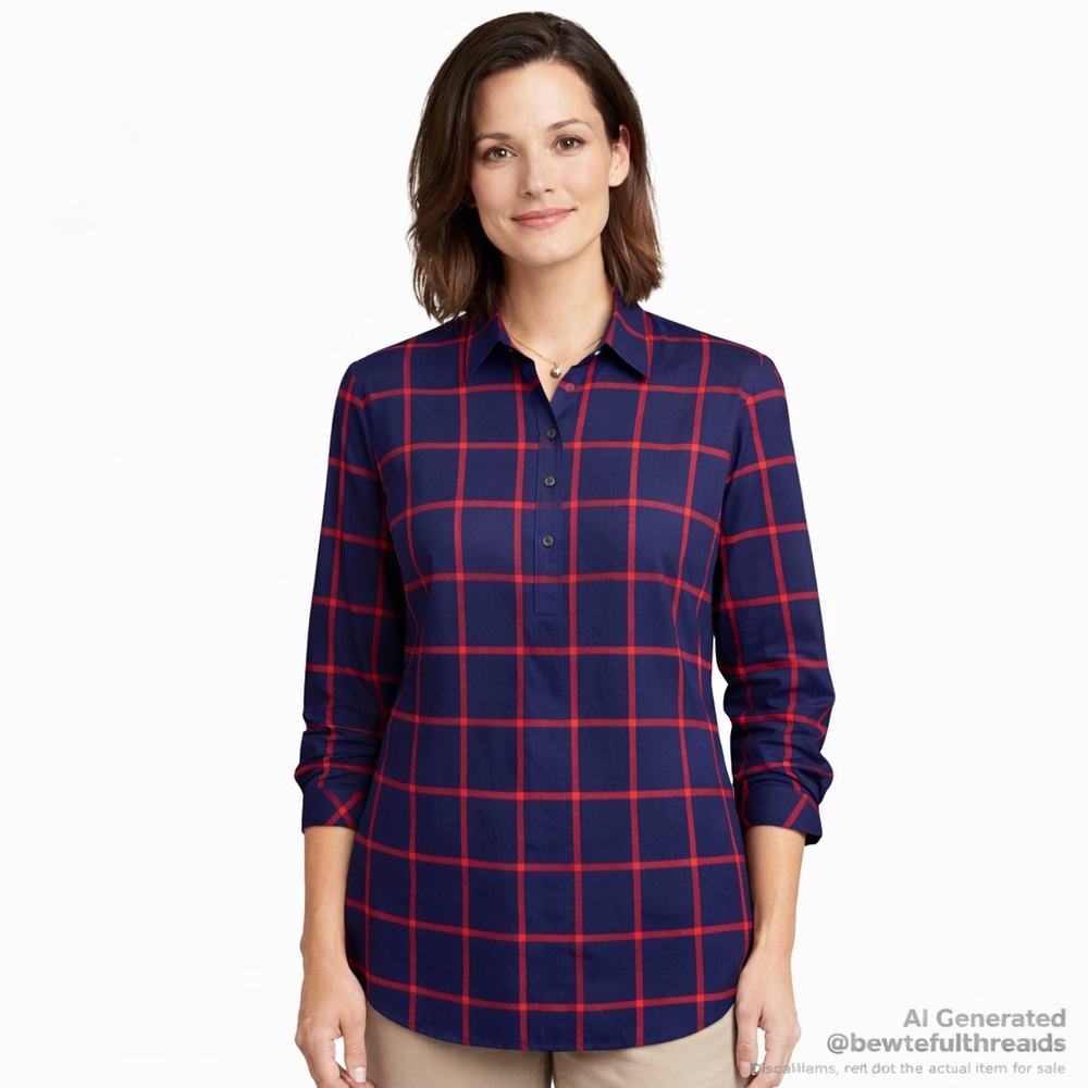 Lands’ End 18T Navy Red Grid Button Down Shirt Tall Cotton Classic